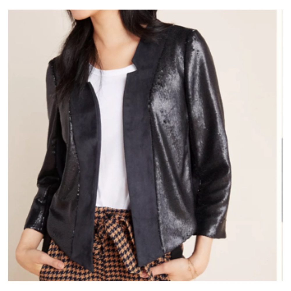 Anthropologie Shonda Sequined Black Open Jacket Size Small Shimmer Classy Soft